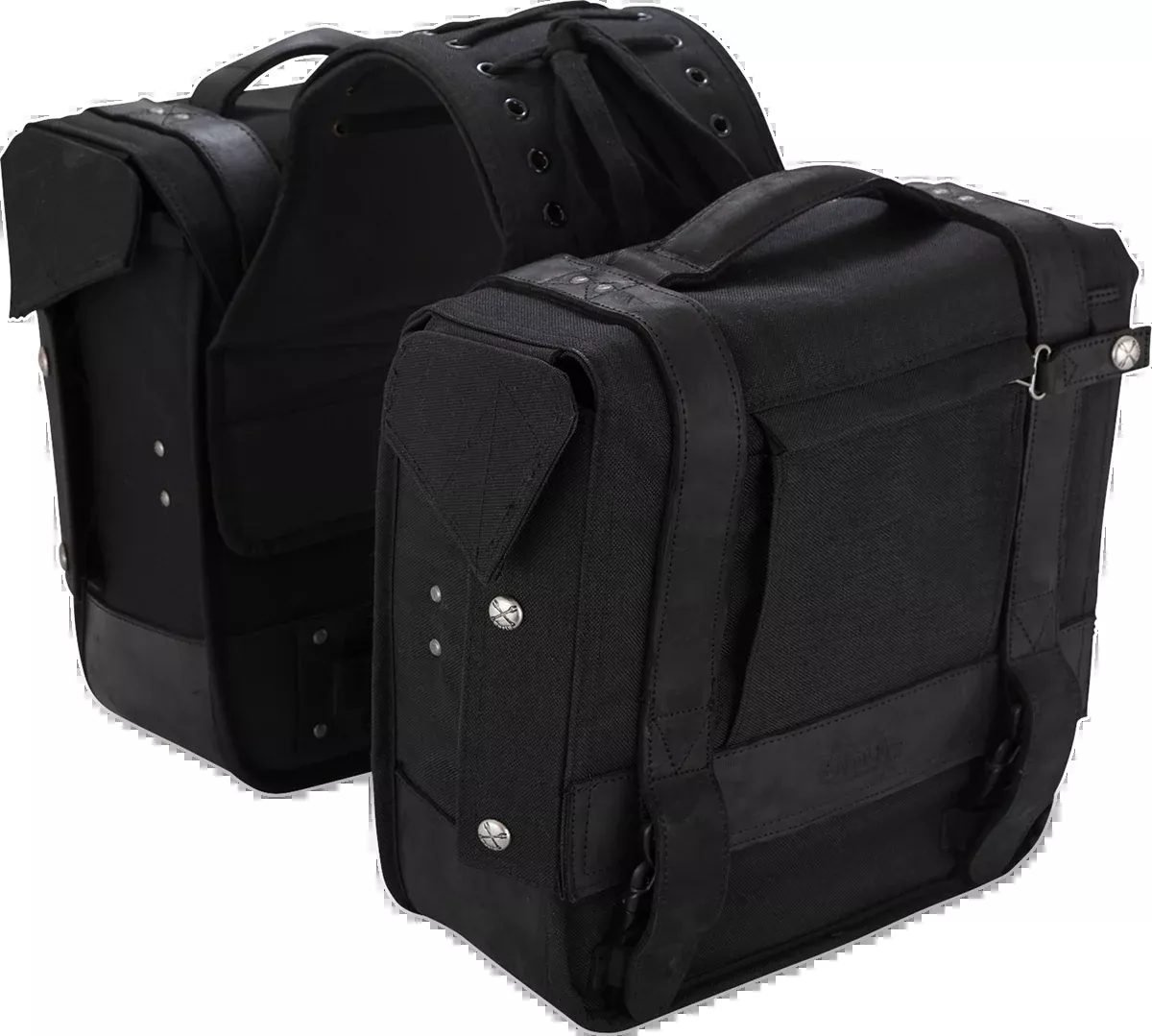 Burly Brand Black Leather Cordura Throw-Over Saddlebags for Harley Davidson