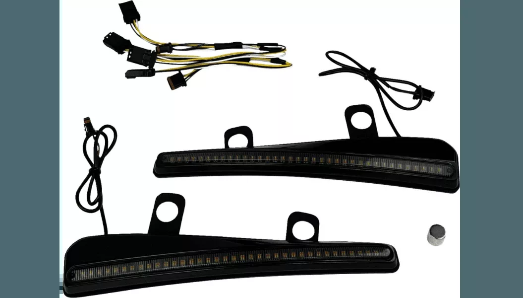 Custom Dynamics LED Turn Signal Windshield Trim for '24-Up Harley Davidson Road Glide and '23-24 CVO FLTRSE Models - Black/Smoke Lens