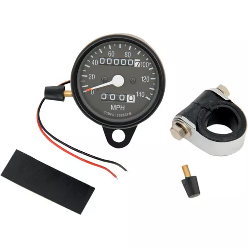 Drag Specialties 2.4" Mini 2:1 Ratio Mechanical 140MPH Speedometer with Black Face and Tripmeter - Black