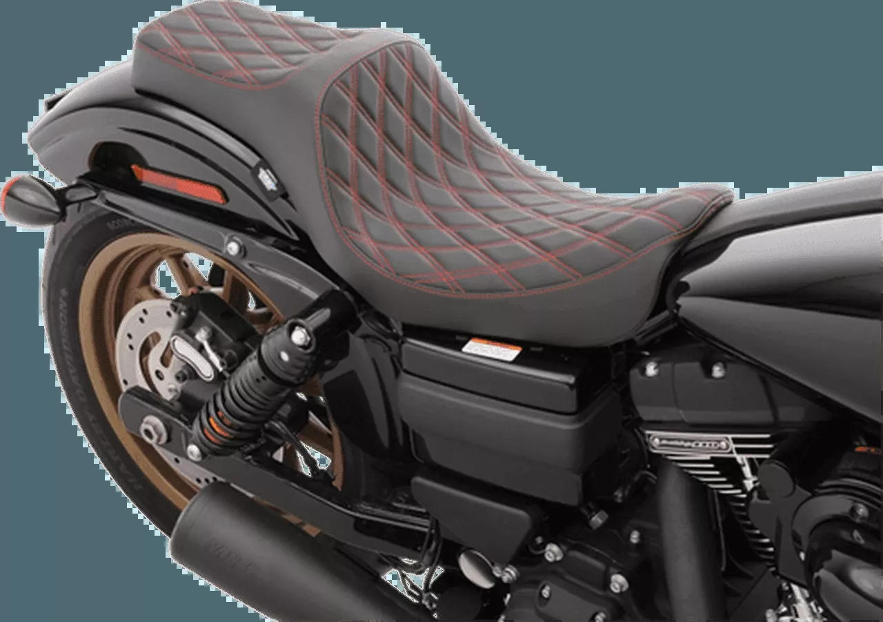 Drag Specialties Predator III Seat for ’06-17 Harley-Davidson Dyna and Dyna Wide Glide – Double Diamond Red Stitching