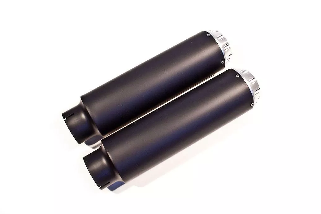 ForceWinder VRSC StreetFighter Mufflers Flat Black Long Bullets with Billet End Cap and Baffle
