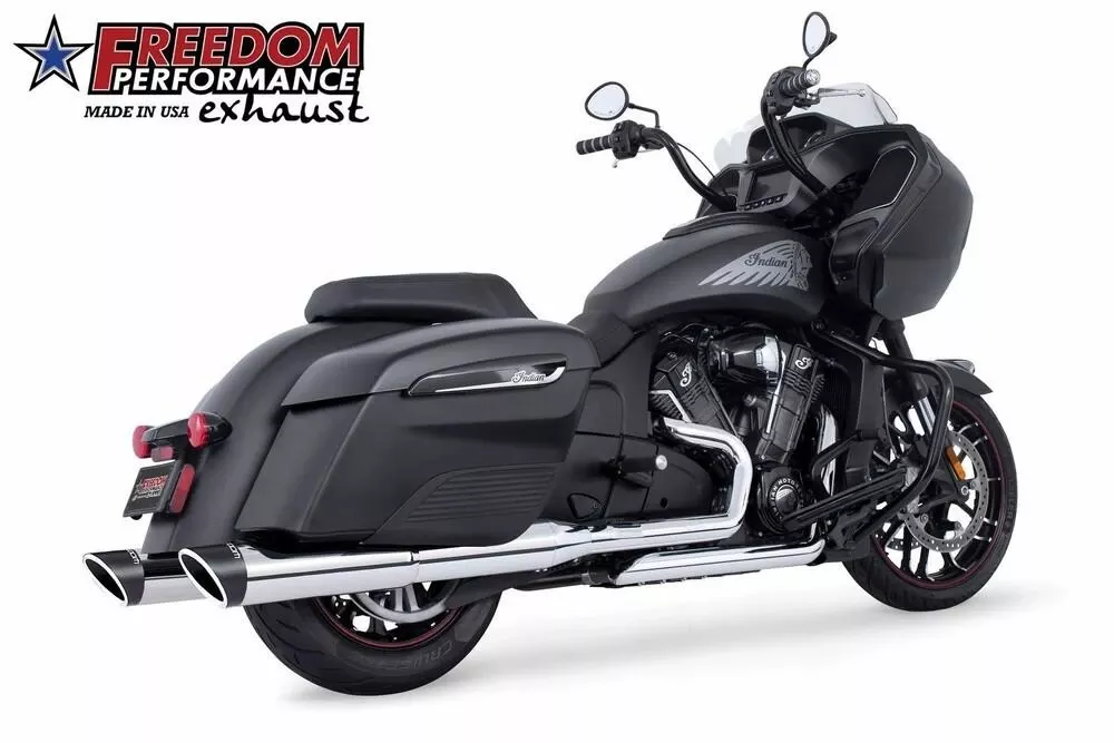 Freedom Performance 2 Step 4.5" Mufflers for '14-20 Indian Chieftain, Roadmaster, Pursuit and Challenger with Hard Bags - Chrome with Slash Cut Sculpted Tip