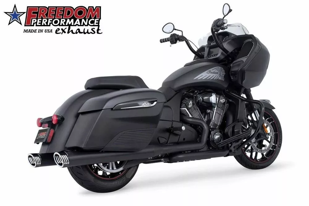 Freedom Performance Racing 4 inch Slip-On Exhaust for '14-Up Indian Chieftain/Roadmaster/Challenger/Pursuit with Hard Bags - Black with Black Race End Caps