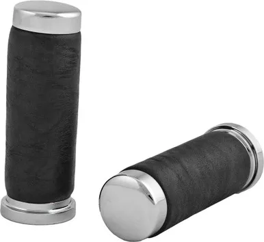 Harddrive Grips Leather Chrome Fits 74-Up - 17-0503LB