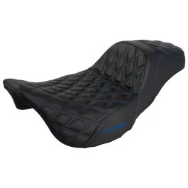 HogWorkz Rise Up Seat for Harley Touring ’08-’23 (Diamond / Blue Stitch) – HW122003