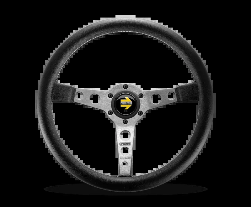 Momo Prototipo Steering Wheel 350 mm – Black Leather/White Stitch/Brushed Spokes