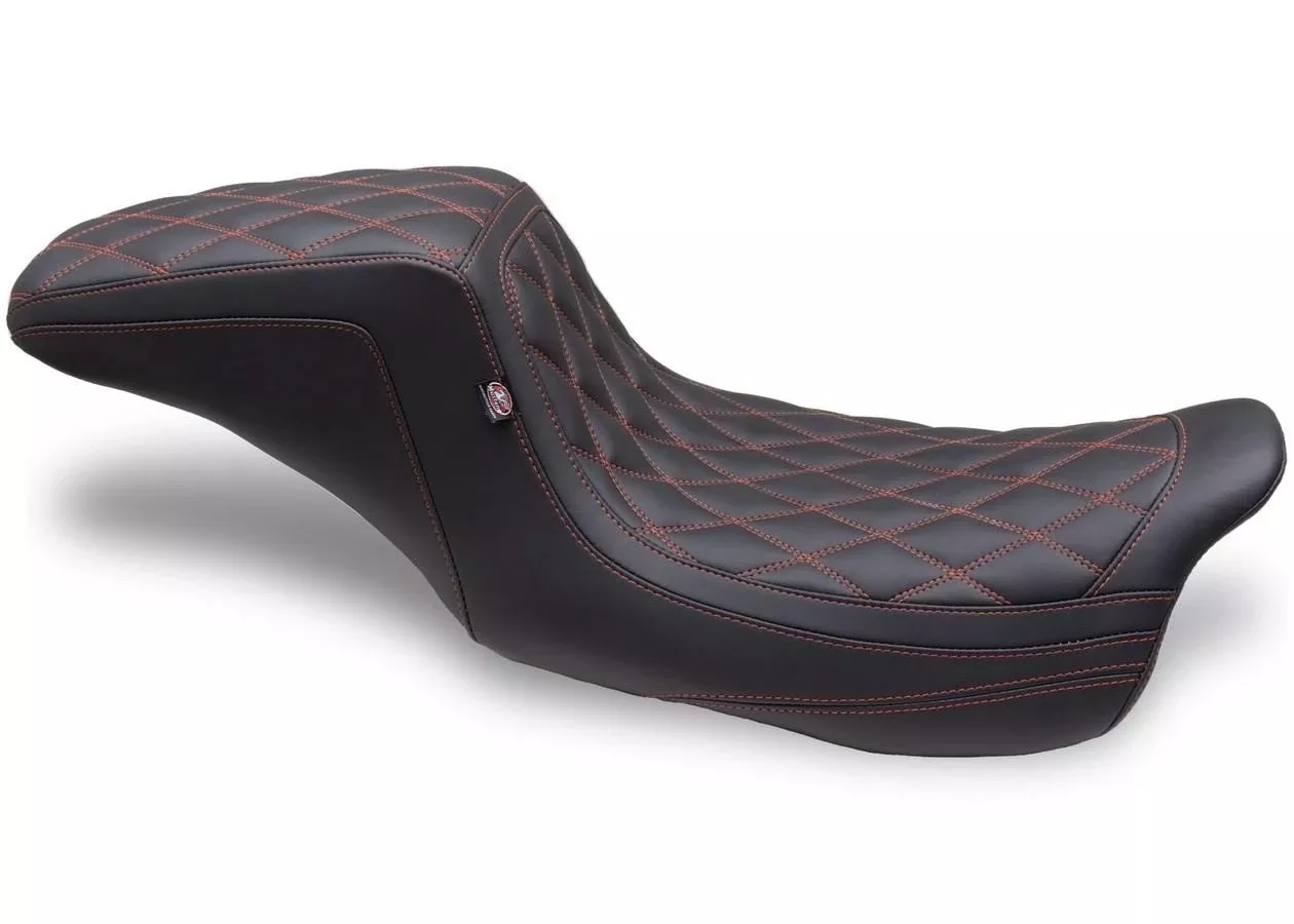 Mustang Double Diamond Squareback Seat for '08-24 Harley Davidson Touring (Not For '24-Up FLHX/FLTR) Red/Orange Stitch