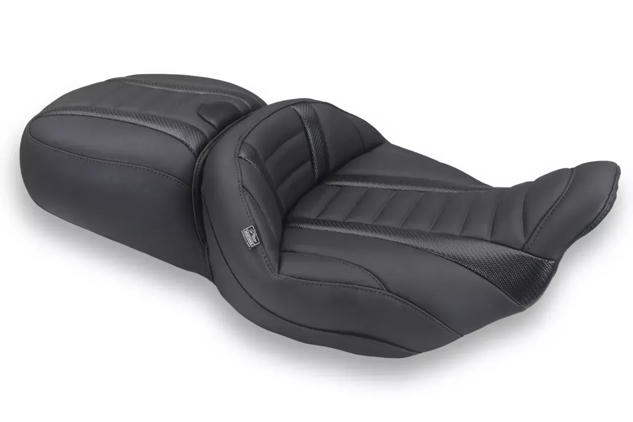 Mustang Extended Reach Super Touring One Piece 2-Up Seat for '24-Up Harley Davidon Road Glide, Street Glide and '23 Up CVO FLTRSE, CVO FLHXSE Models - Deluxe Stitching (Select Stitching Color)