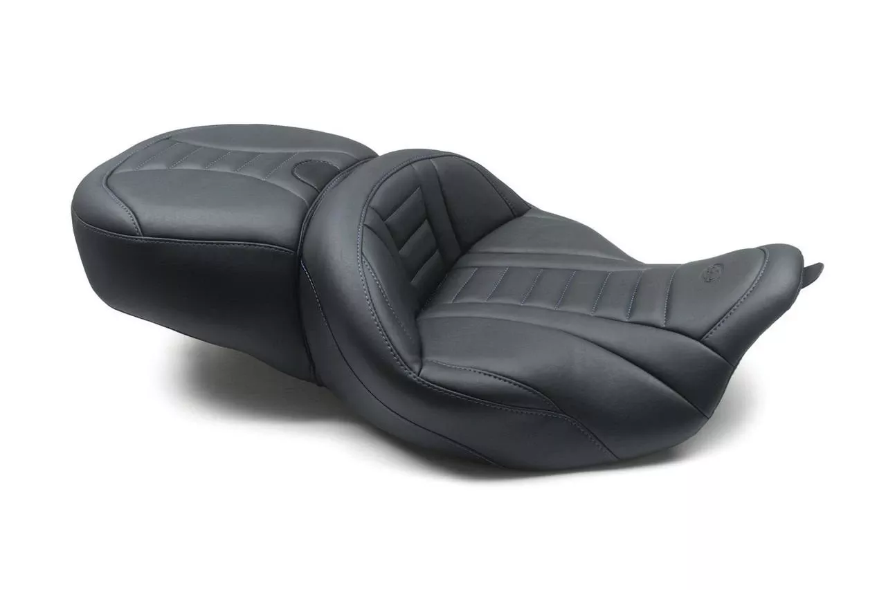 Mustang Super Touring Deluxe One-Piece Seat for Harley-Davidson Touring '08-Up, Black with Sky Blue Stitching, Extended Reach (Not for '24-Up FLHX/FLTR Models)