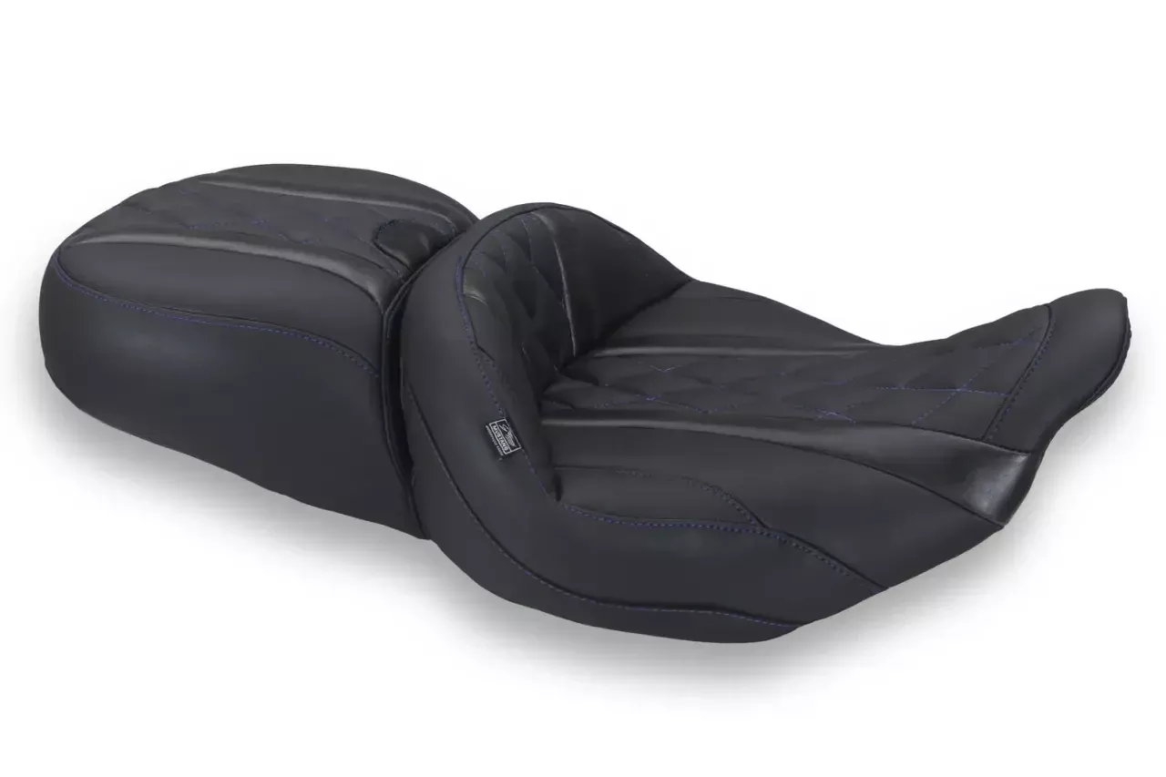 Mustang Super Touring Extended Reach One Piece 2-Up for Harley Davidson '23-26 CVO Road Glide (ST) and Street Glide '24-26 Road Glide and Street Glide - Sky Blue Stitching