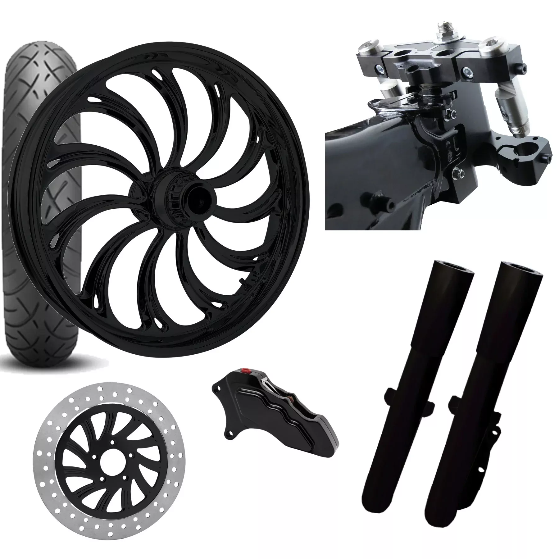 RC 26 Calypso Black Wheel Tire Neck Rake Front End Package Harley Single Side