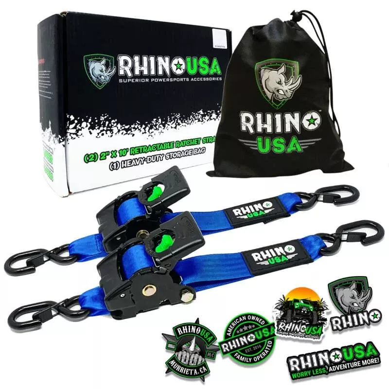 Rhino USA 10' Retractable Ratchet Straps - 2pk (Select Color)