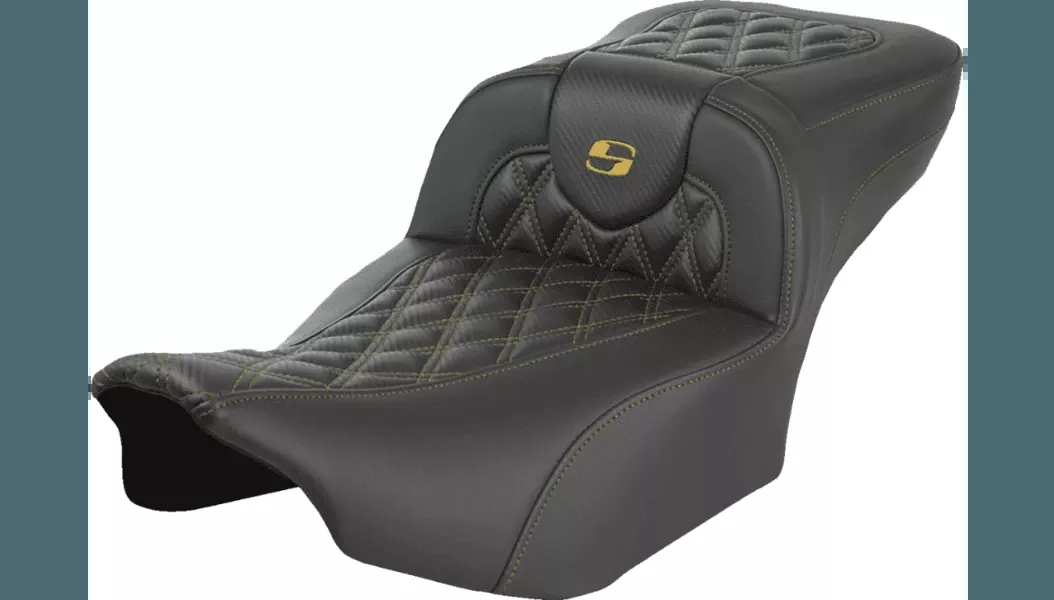 Saddlemen Extended Reach Carbon Fiber Roadsofa Seat (without driver backrest) for '24-Up Harley Davidson Road Glide, Street Glide and '23-25 CVO FLTRSE, CVO FLHXSE Models - Gold Lattice Stitch