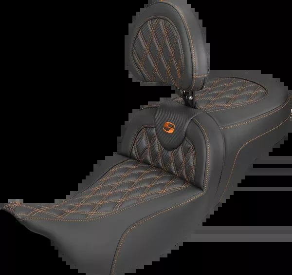 Saddlemen Extended Reach Roadsofa™ Carbon Fiber Seat - Lattice - Orange Stitch - With Backrest - FL '08-'25 - 808-07B-207B3
