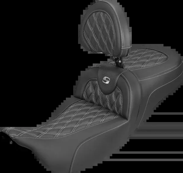 Saddlemen Extended Reach Roadsofa™ Carbon Fiber Seat - Lattice - Silver Stitch - With Backrest - FL '08-'25 - 808-07B-207B5