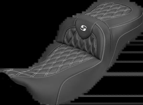 Saddlemen Extended Reach Roadsofa™ Carbon Fiber Seat - Lattice - White Stitch - Without Backrest - FL '08-'25 - 808-07B-20706