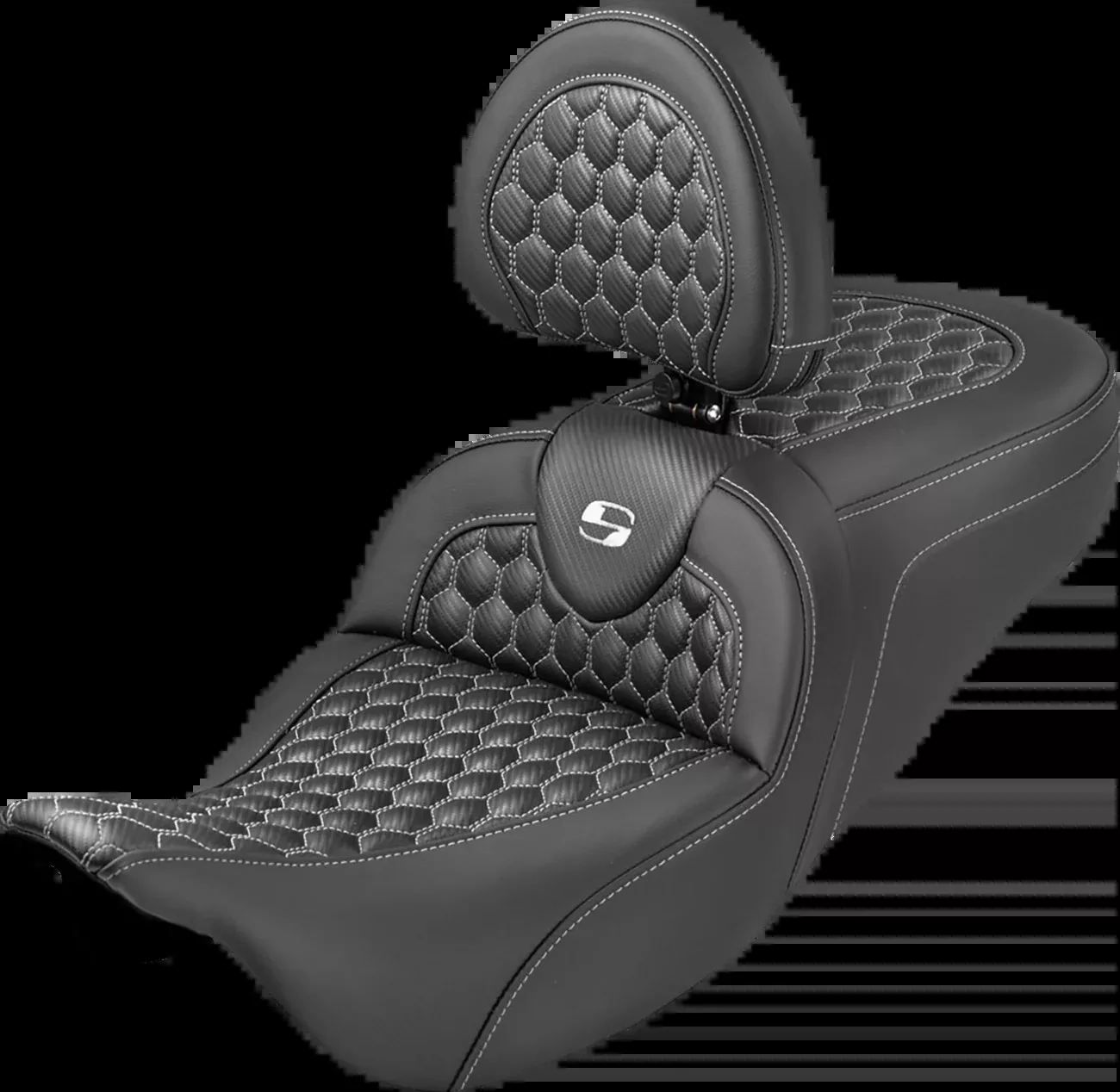 Saddlemen Extended Reach RoadSofa™ Seat - Honeycomb - White Stitch - with Backrest - FLH/FLT '08-'25 - 808-07B-190B6