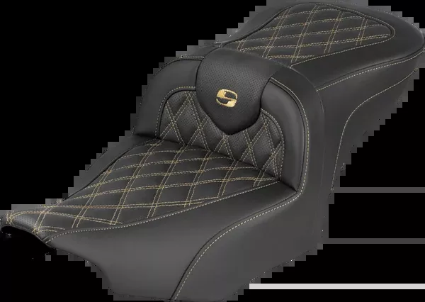 Saddlemen Extended Reach RoadSofa™ Seat - without Backrest - Lattice Stitch - Gold Stitch - FLH/FLT '23-'26 - 823-07-18407