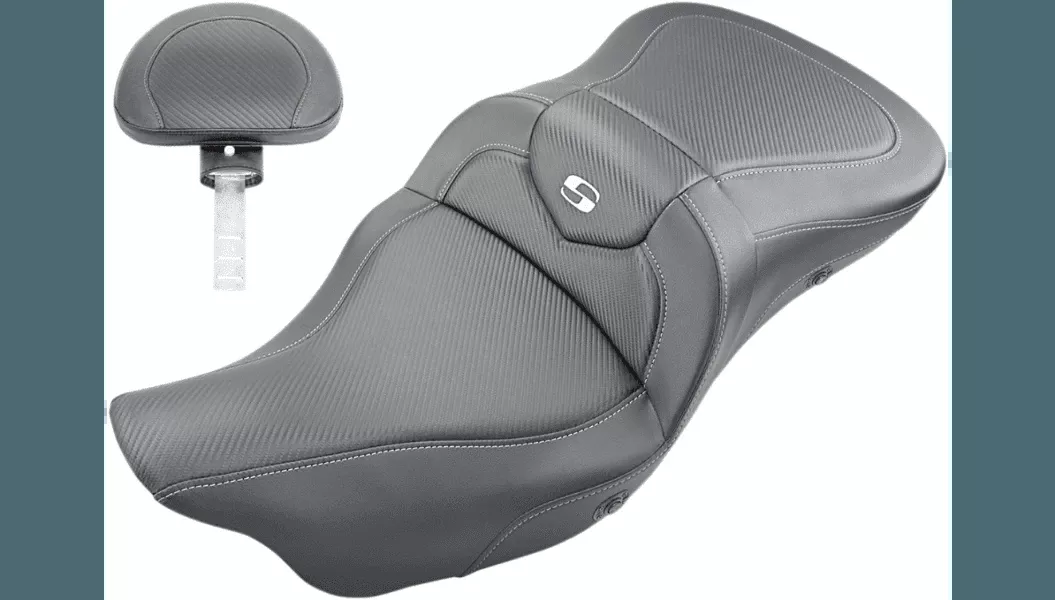 Saddlemen HEATED Roadsofa Seat (with Backrest) for '09-23 Harley Davidson Tri Glide FLHTCUTG - Carbon Fiber