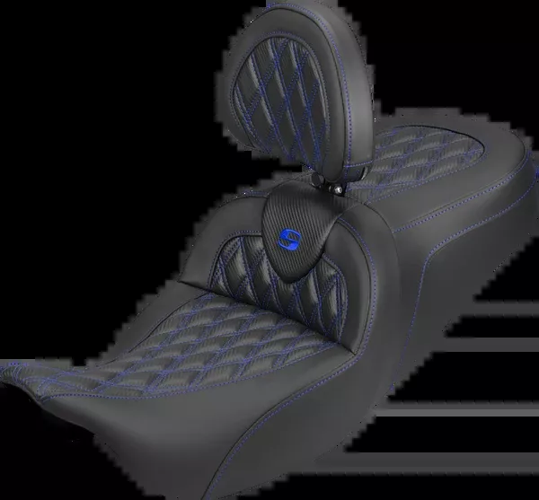 Saddlemen Roadsofa™ Carbon Fiber Seat - Lattice - Blue Stitch - With Backrest - FLH/FLT '08-'25 - 808-07B-206B1