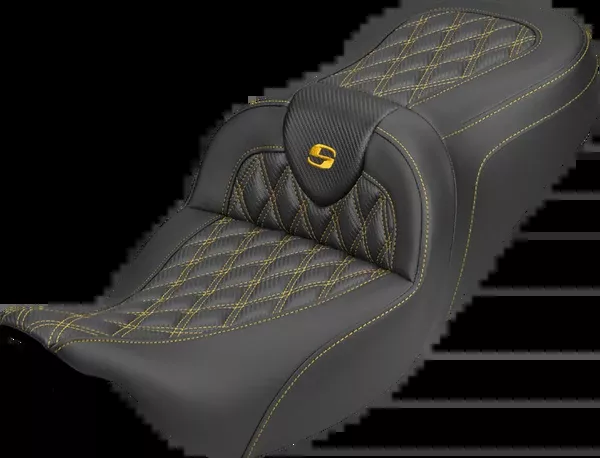 Saddlemen Roadsofa™ Carbon Fiber Seat - Lattice - Gold Stitch - Without Backrest - FLH/FLT '08-'25 - 808-07B-20607