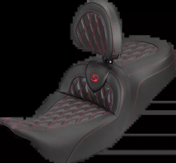 Saddlemen Roadsofa™ Carbon Fiber Seat - Lattice - Red Stitch - With Backrest - FLH/FLT '08-'25 - 808-07B-206B4