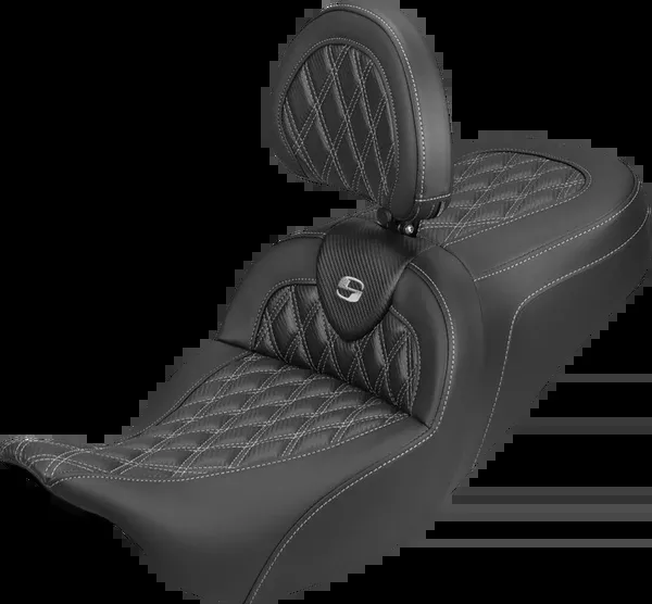 Saddlemen Roadsofa™ Carbon Fiber Seat - Lattice - Silver Stitch - With Backrest - FLH/FLT '08-'25 - 808-07B-206B5