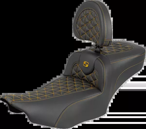 Saddlemen Roadsofa™ Extended Reach Seat – With Backrest – Gold Stitch – FLH/FLT ’23-’25