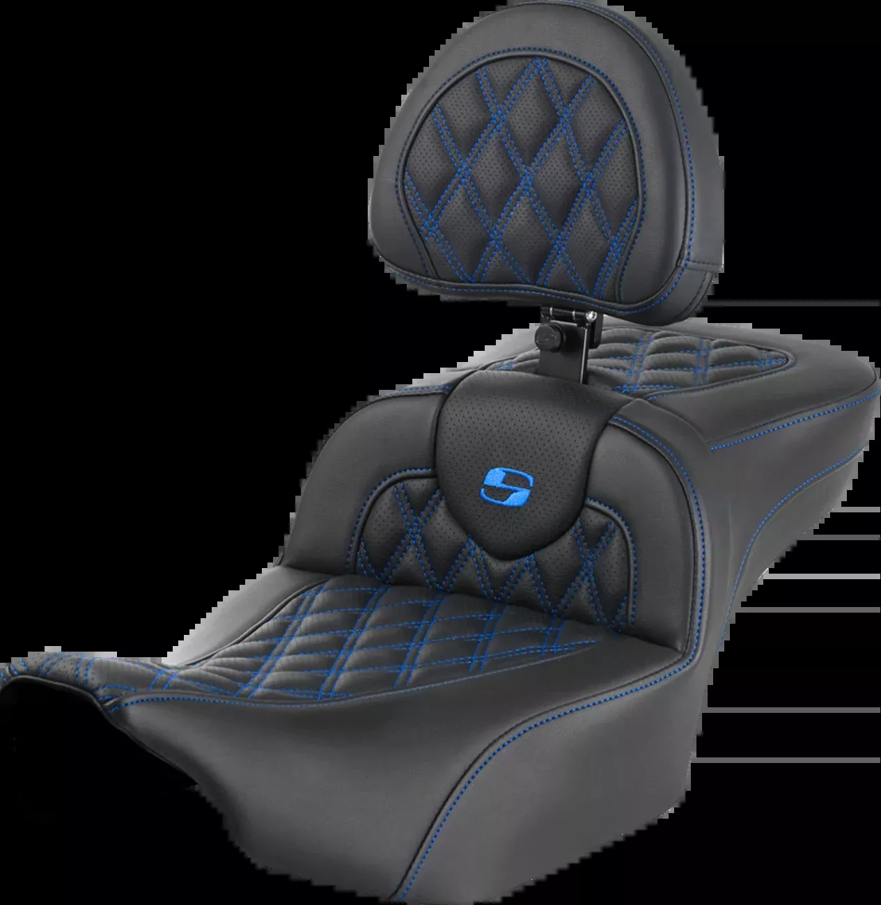 Saddlemen Roadsofa™ Extended Reach Seat – With Backrest – Lattice Stitch – Blue Stitch – FLTR/FLHX ’23-’24