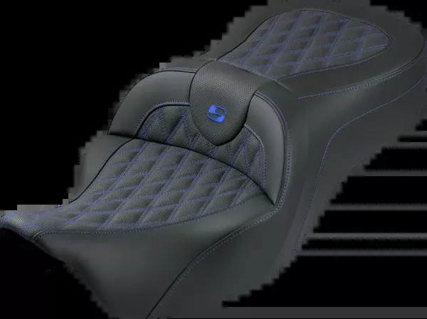 Saddlemen Roadsofa™ King Seat - No Backrest - Lattice Stitch - Blue Stitch - FLH/FLT '08-'25 - 808-07B-182S01