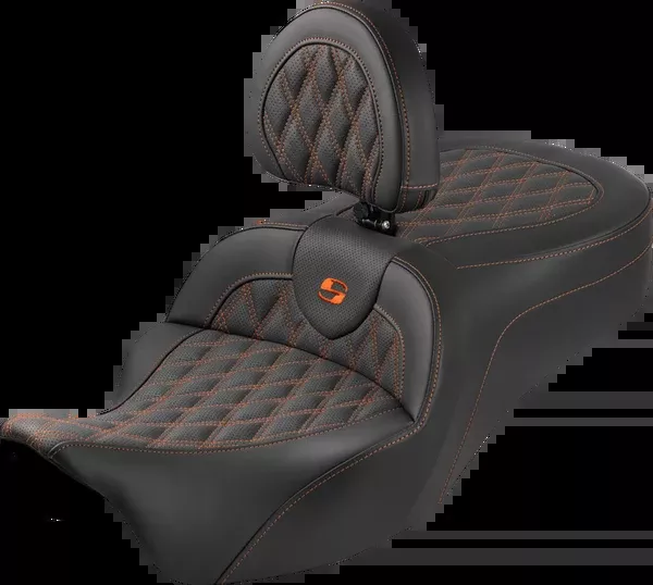 Saddlemen Roadsofa™ King Seat - With Backrest - Lattice Stitch - Orange Stitch - FLH/FLT '08-'25 - 808-07B-182SB3