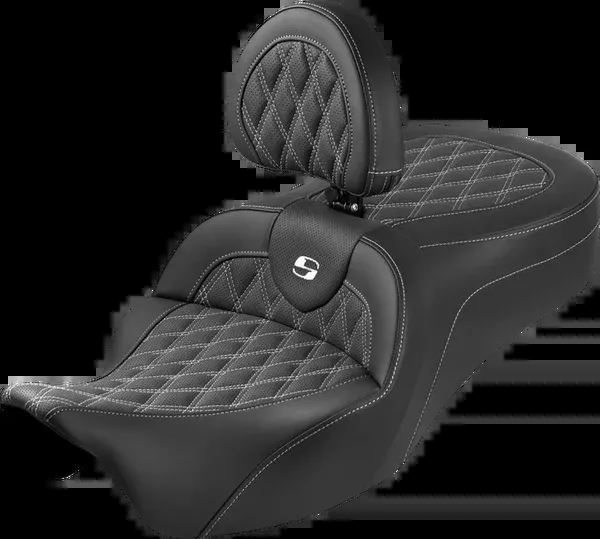 Saddlemen Roadsofa™ King Seat - With Backrest - Lattice Stitch - White Stitch - FLH/FLT '08-'25 - 808-07B-182SB6