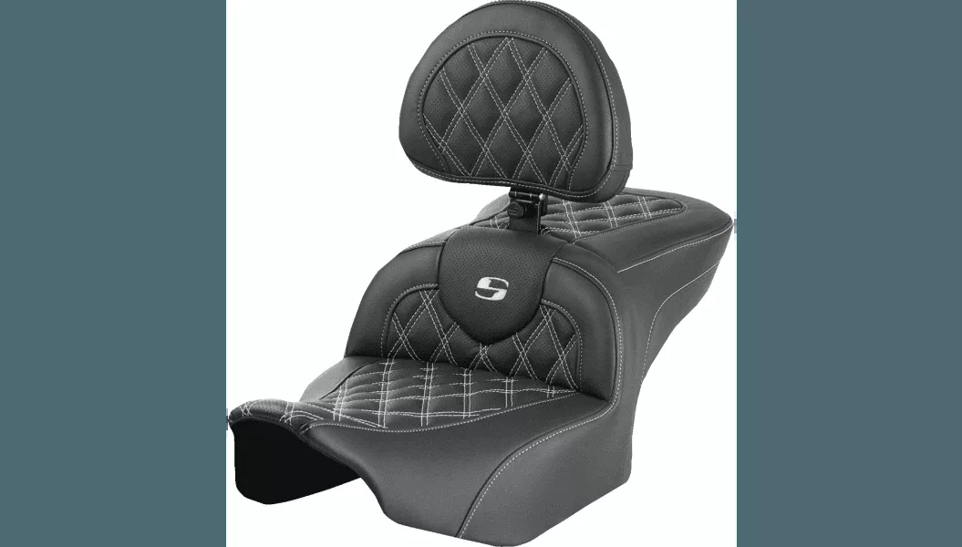 Saddlemen Roadsofa Lattice Stitch Seat with Backrest for '24-Up Harley Davidson Street Glide, Road Glide and '23-24 CVO FLHXSE, CVO FLTRSE - Gray Stitching