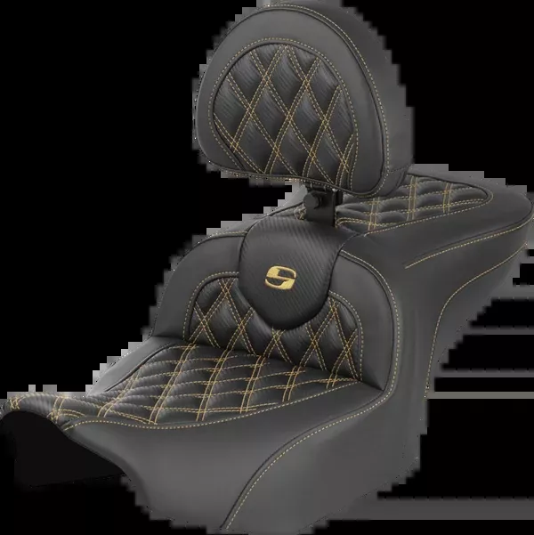 Saddlemen Roadsofa™ Seat - Carbon Fiber - with Backrest - Gold Lattice Stitch - FLH/FLT '23-'25 - 823-07-206B7