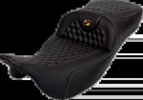 Saddlemen RoadSofa™ Seat - Honeycomb - Gold Stitch - Extended Reach - Without Backrest - FLH/FLT '08-'24