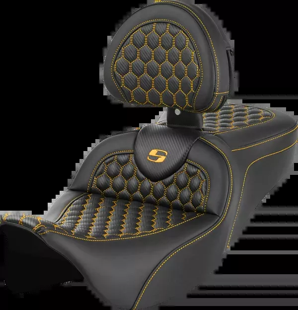 Saddlemen RoadSofa™ Seat – Honeycomb – Gold Stitch – With Backrest – FLH/FLT ’08-’23