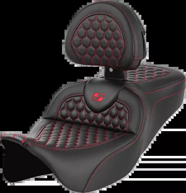 Saddlemen RoadSofa™ Seat - Honeycomb - Red Stitch - With Backrest - FLH/FLT '08-'23