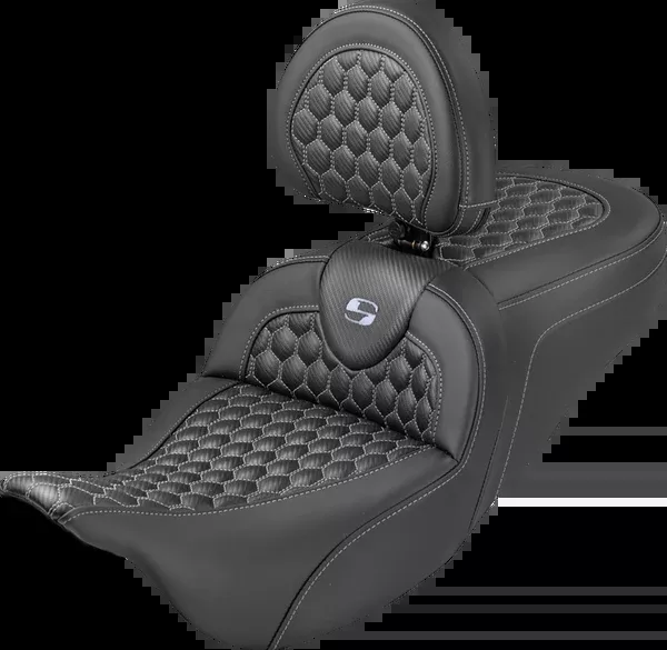 Saddlemen Roadsofa™ Seat - Honeycomb Stitch - Silver Stitch - With Backrest - FLH/FLT '08-'25 - 808-07B-189B5