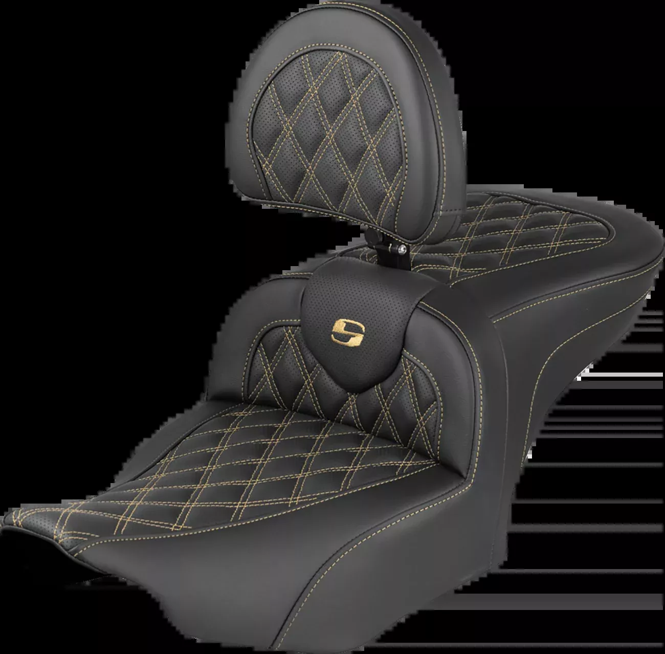 Saddlemen RoadSofa™ Seat - with Backrest - Lattice Stitch - Gold Stitch - FLH/FLT '23-'26 - 823-07-182B7