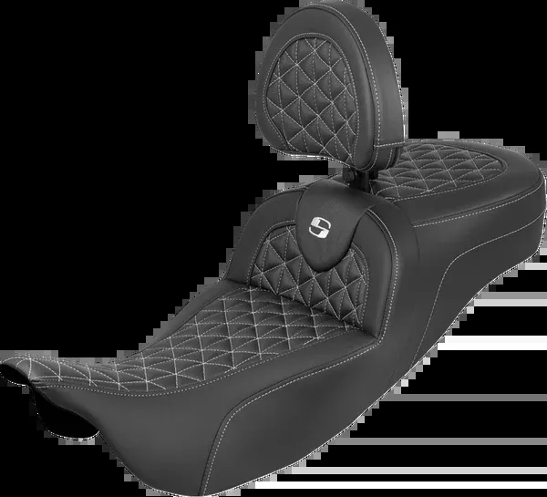 Saddlemen RoadSofa™ Tri Gripper Seat - Extended Reach - White Stitch - W/ Backrest - FLH/FLT '08-'25