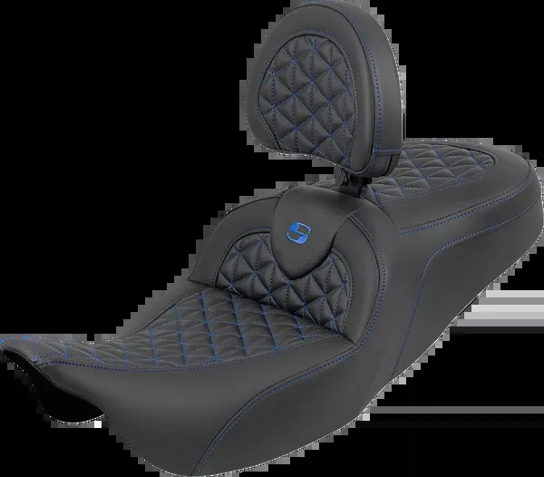 Saddlemen RoadSofa™ Tri Gripper Seat – Standard Reach – Blue Stitch – W/ Backrest – FLH/FLT ’08-’25