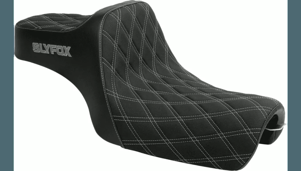 Slyfox High Noon Double Diamond Seat for '04-22 Harley Davidson XL Sportster Models - Silver Logo/Silver Stitching