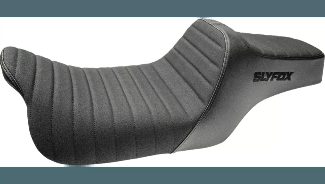 SlyFox Highnoon Vinyl Seat for '08-23 Harley Davidson Touring Models - Black w/ Classic Stitch and Black Logo