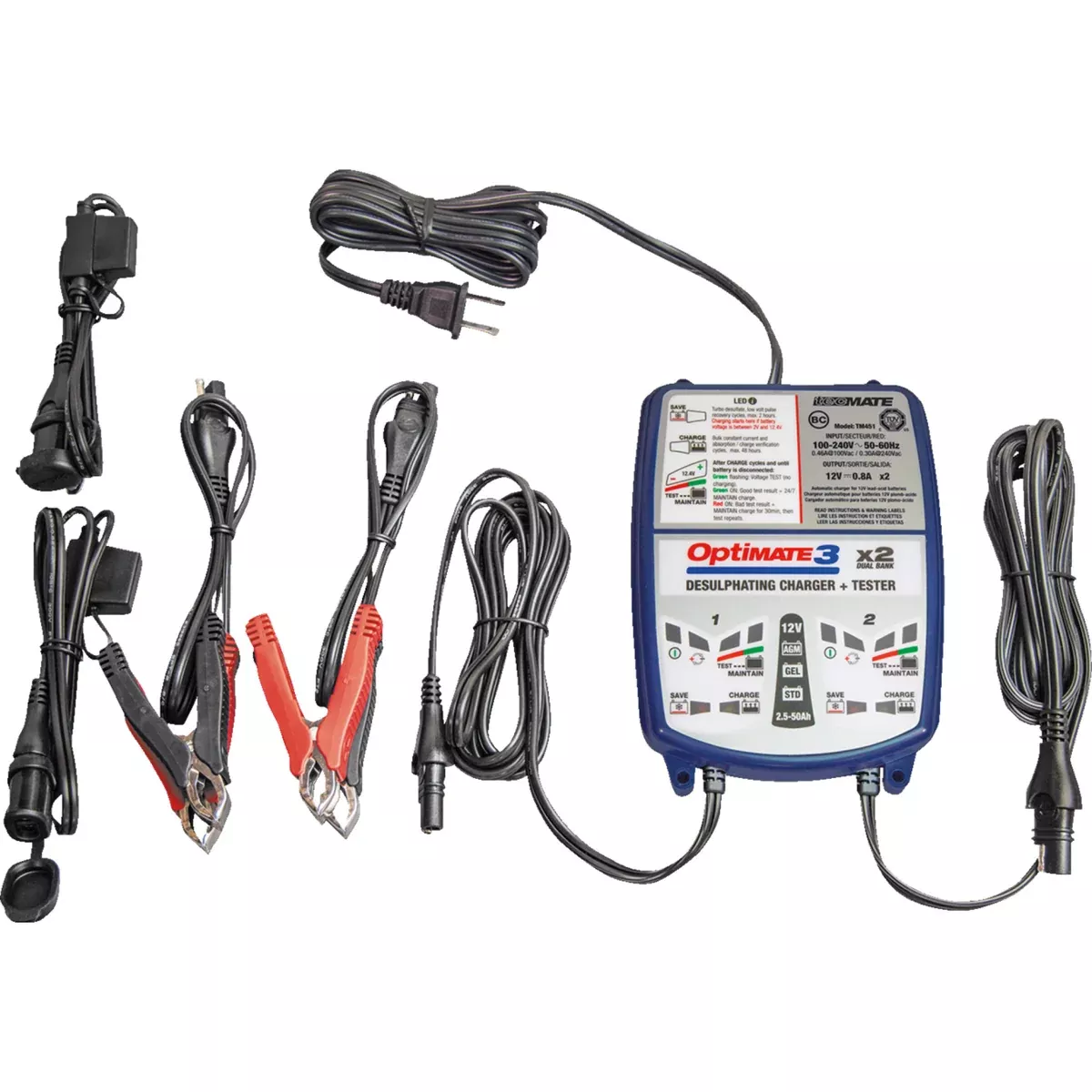 TECMATE 3807-0262 TM451 Optimate™ 3 Multi-Battery Charger Battery Charger/Maintainer – 2-Bank