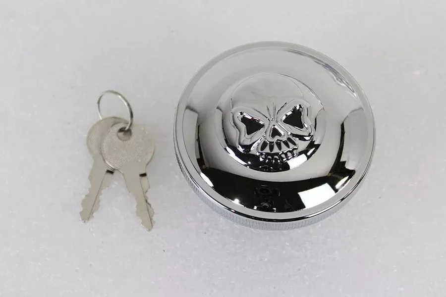 V-Twin 38-0665 Chrome Keyed Gas Cap Vented Skull w/ Key Lock Harley FX XL 96-Up