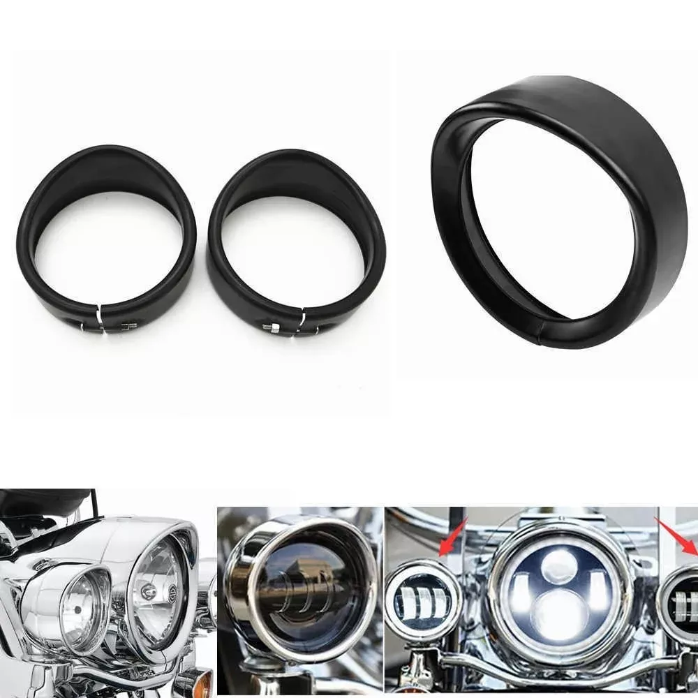 Vivid Black 7" Headlight + 4.5" Passing Light Trim Ring Bezel Visor for Harley