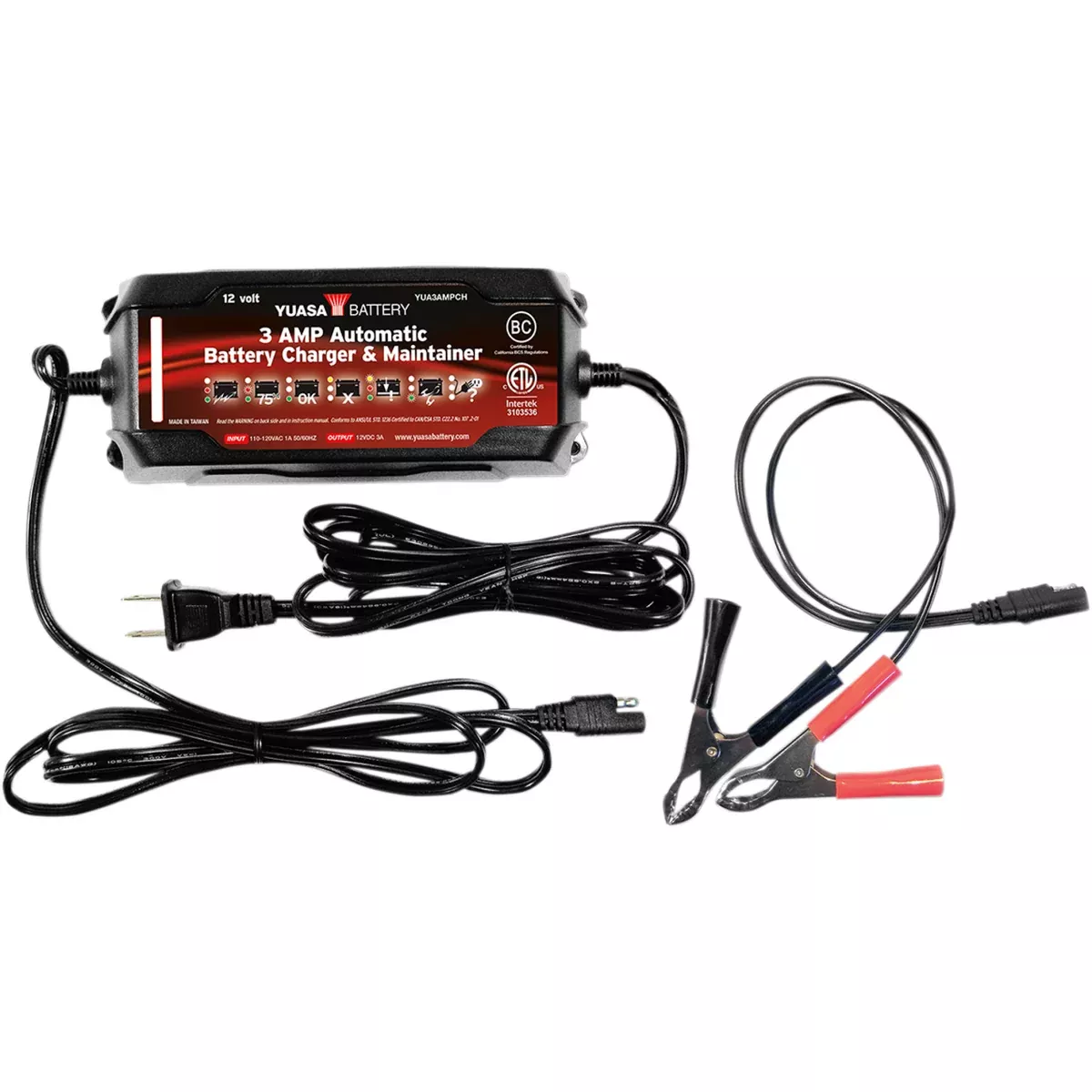 YUASA 3807-0462 YUA3AMPCH Automatic Battery Charger and Maintainer Battery Charger – 3 A – 12V